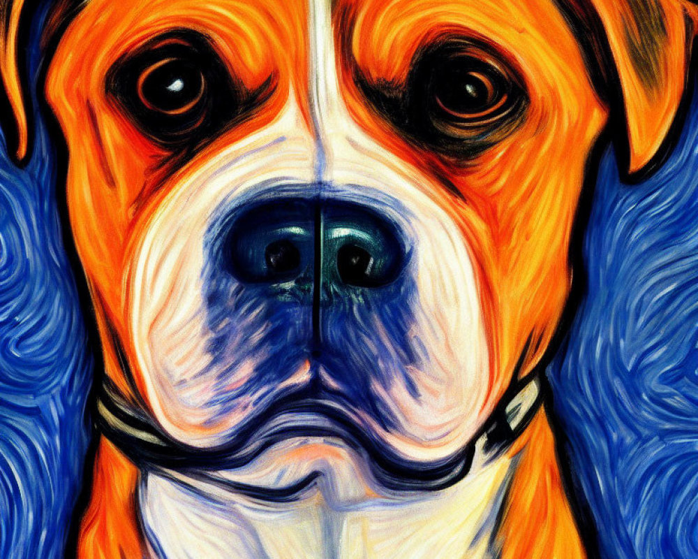 Vibrant expressionistic painting of a dog in orange and blue palette