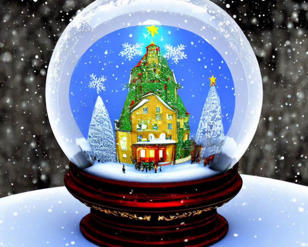 Snow Globe with Christmas Tree-Topped House and Snowy Landscape