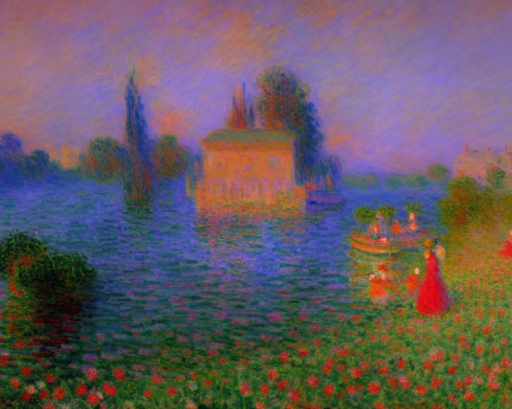 Hazy river scene with blooming flowers, boat, and misty buildings