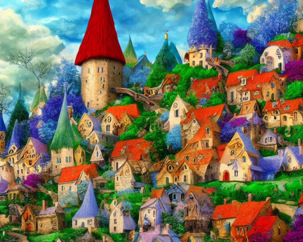 Colorful Fairy-Tale Village with Steep Roofs and Red Castle