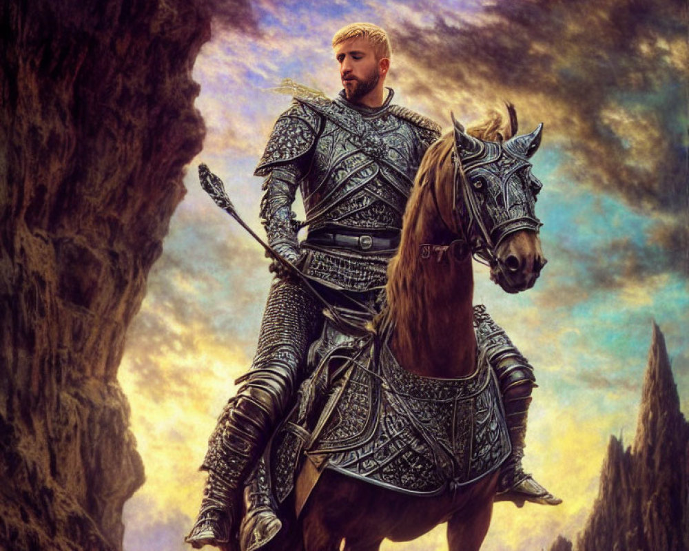 Knight in Ornate Armor on Horse Amid Dramatic Sky and Rocky Cliffs