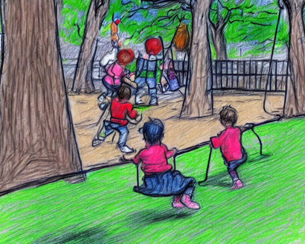 Kids playing in park with swings and trees, colored pencil drawing of green grass and fenced background.