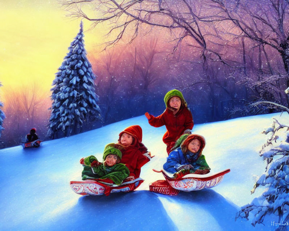 Kids sledding on snowy hill at dusk with vibrant sky and trees