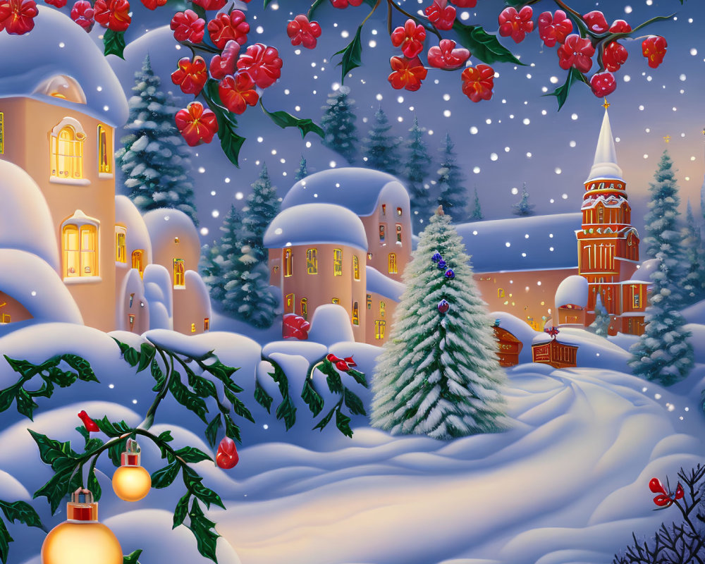 Snow-covered houses, Christmas tree, red berries, lanterns under starry sky