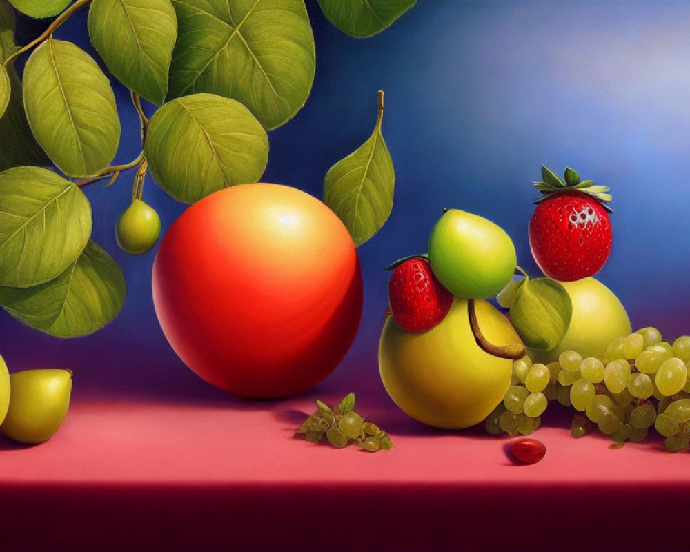 Colorful still life painting with fruits on blue-red backdrop