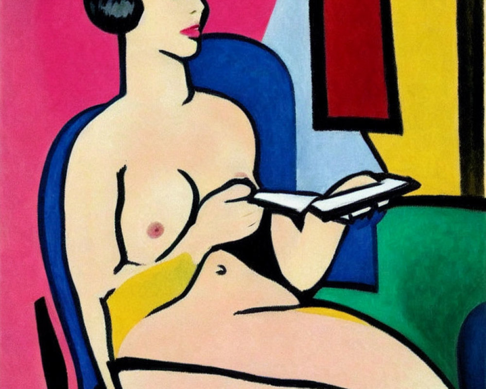 Abstract painting of seated woman reading book with bold colors