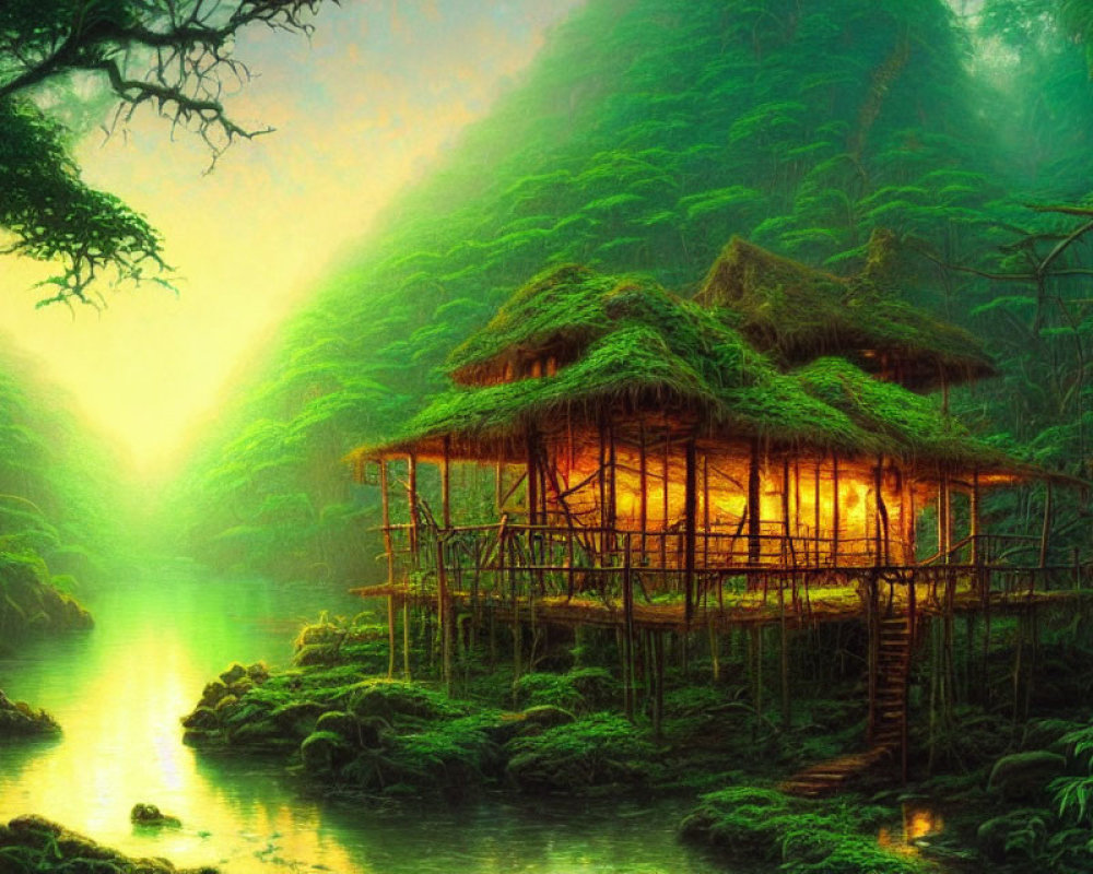 Tranquil riverside scene with lush green forest and traditional bamboo house lit from within