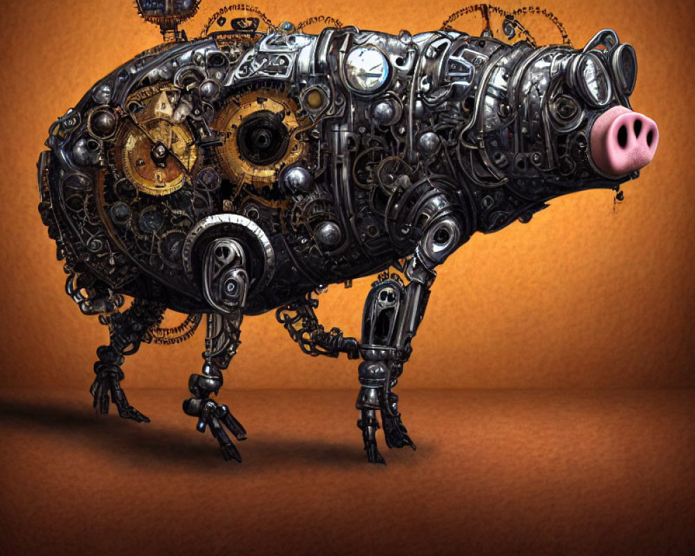 Steampunk-style mechanical pig with intricate gears, metallic limbs, and pink snout