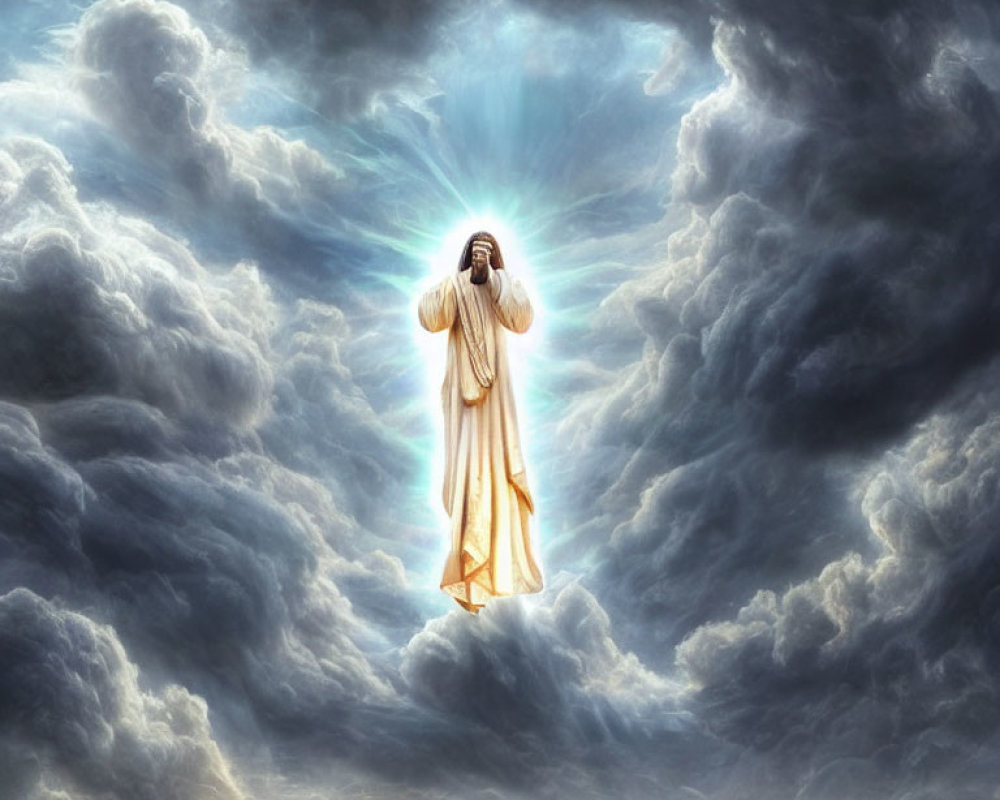 Figure in White Robes Surrounded by Radiant Halo in Dramatic Sky