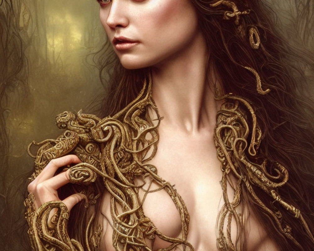 Woman wearing intricate golden snake headdress in mystical forest setting
