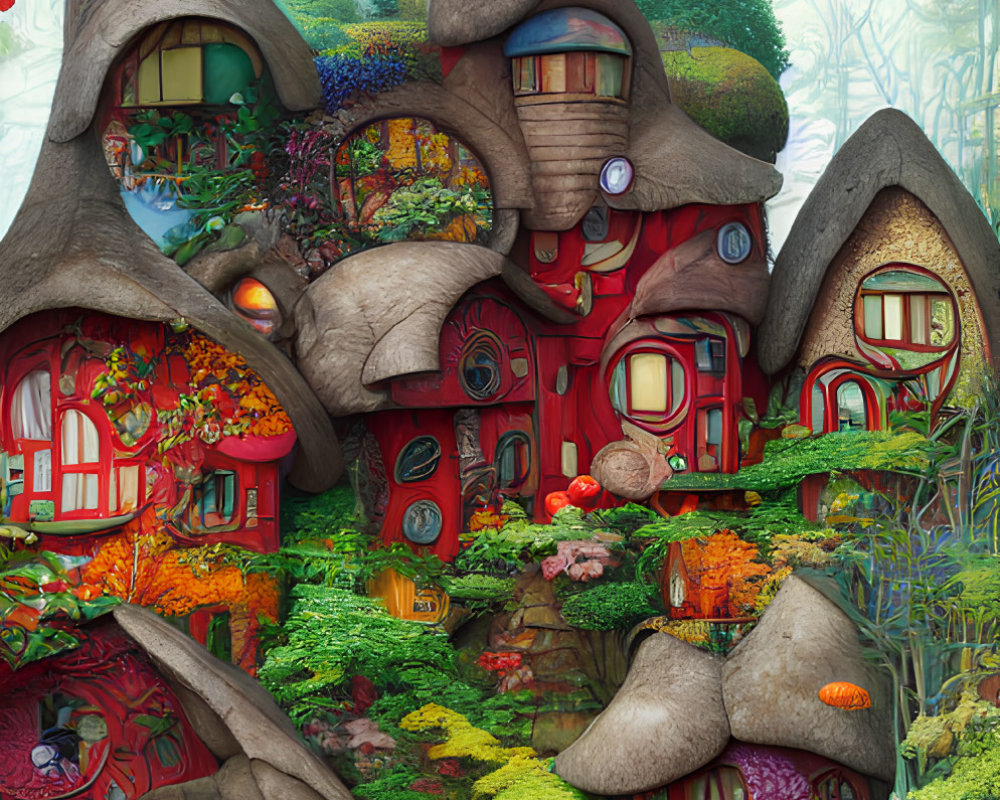Colorful Vertical Artwork: Fantastical Mushroom Village in Dreamy Landscape