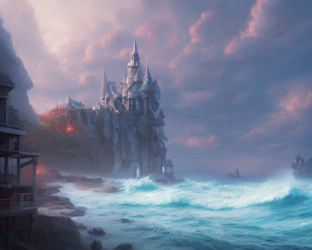 Majestic castle on cliff overlooking turbulent sea under pink sky