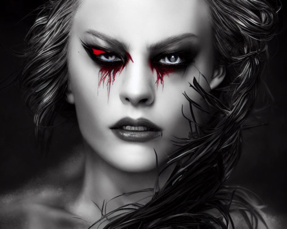 Monochromatic portrait of a woman with red eyes and black tears