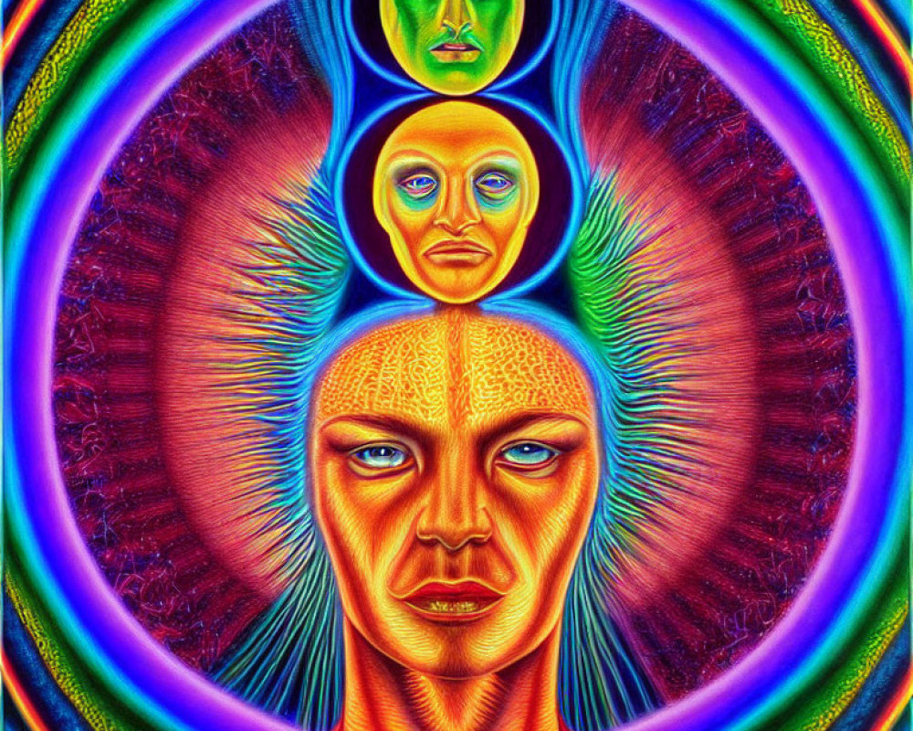 Colorful Psychedelic Artwork with Three Faces and Aura Rings