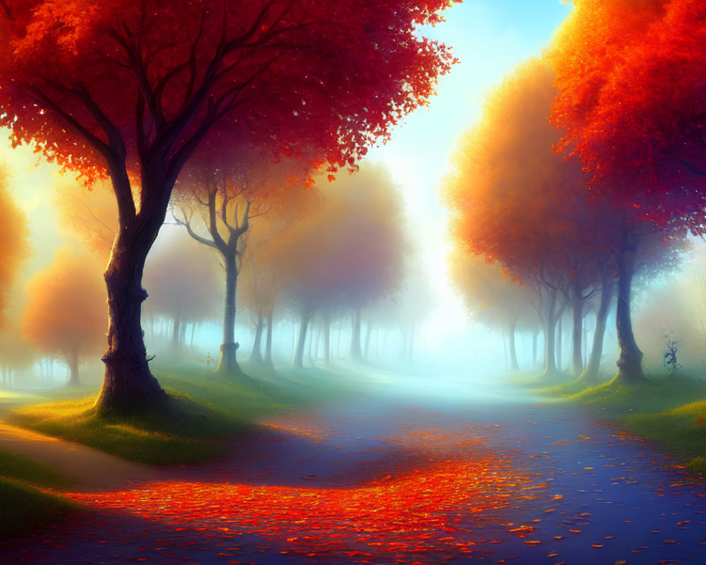 Tranquil Autumn Park with Red Leaves and Misty Atmosphere