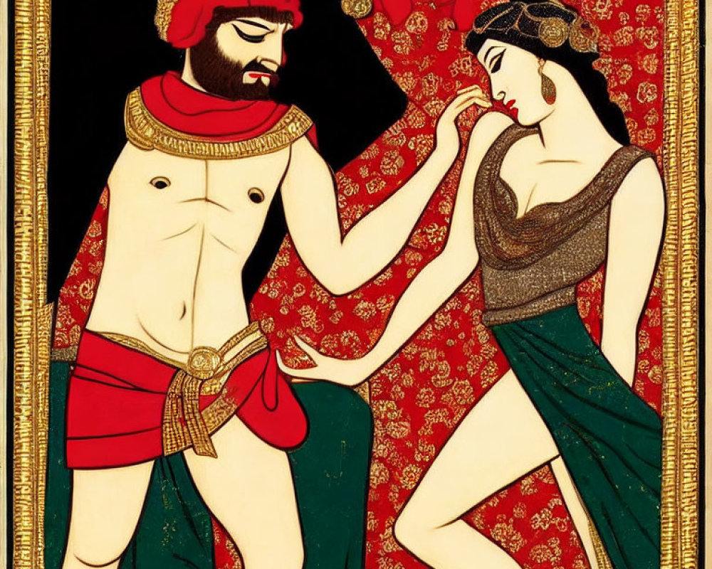 Traditional Indian Painting Depicting Man and Woman in Elaborate Attire