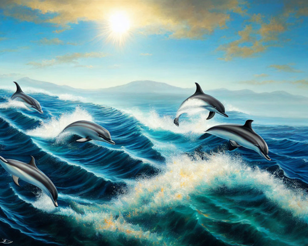 Dolphins Jumping Over Ocean Waves with Sunny Sky