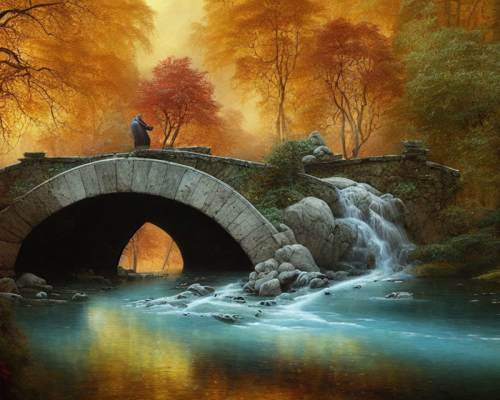 Stone bridge over river in autumn forest with person sitting on top