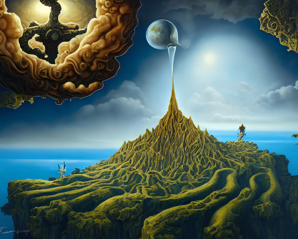 Surreal landscape with floating gear and levitating rock in moonlit scene