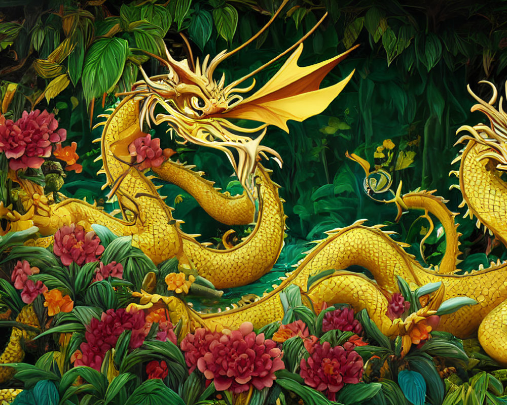 Illustration of Two Golden Dragons in Lush Green Foliage
