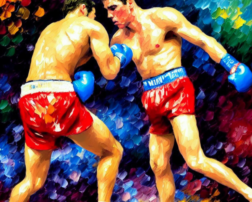 Vibrant painting of two boxers in match defending and punching