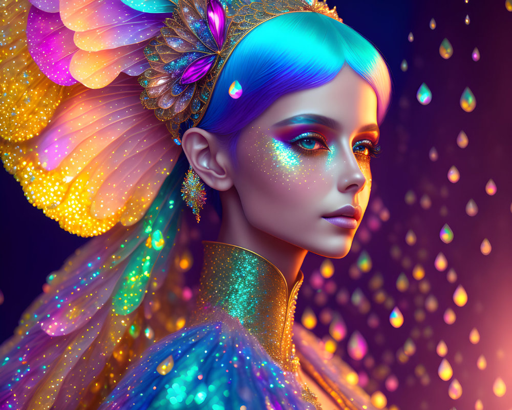 Digital artwork: Blue-skinned person with golden butterfly wings and crown on vibrant background with falling droplets