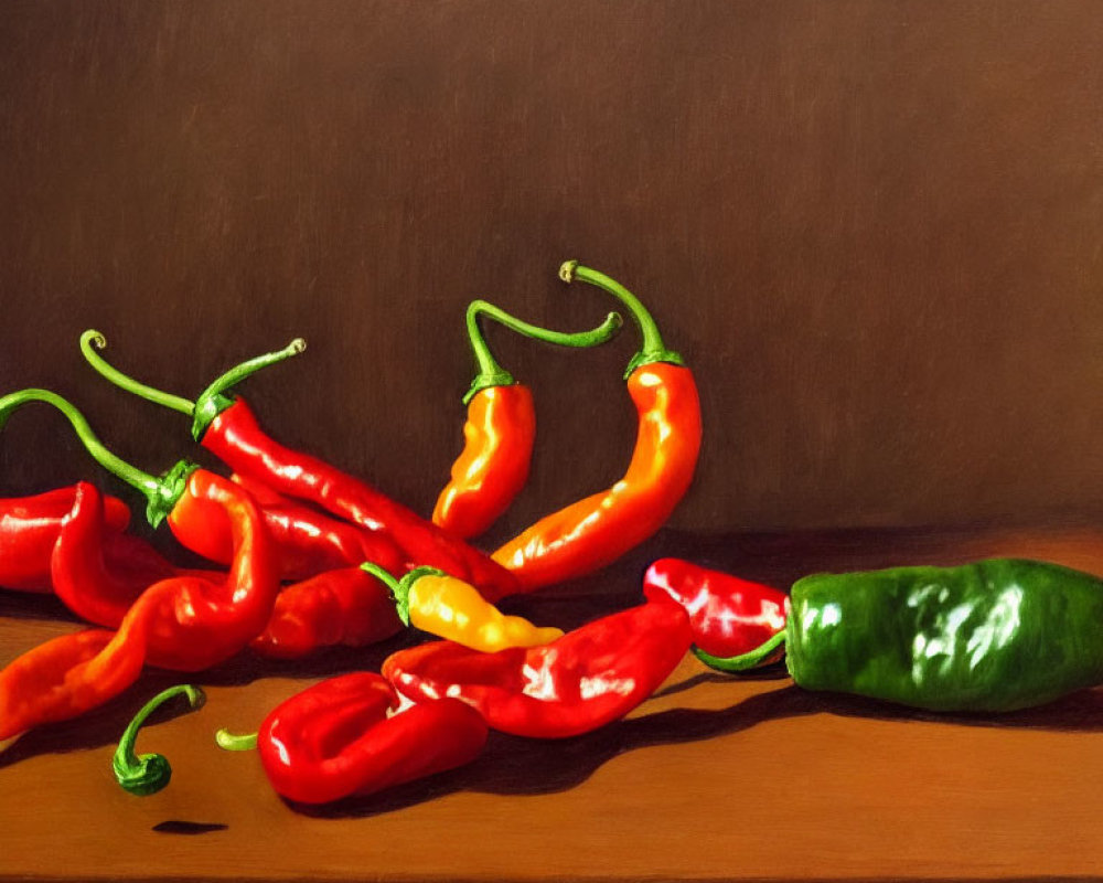 Colorful chili peppers on wooden surface against dark background