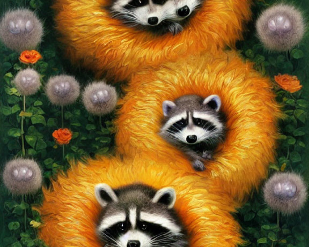 Three raccoons in orange flower field with dandelion-like plants