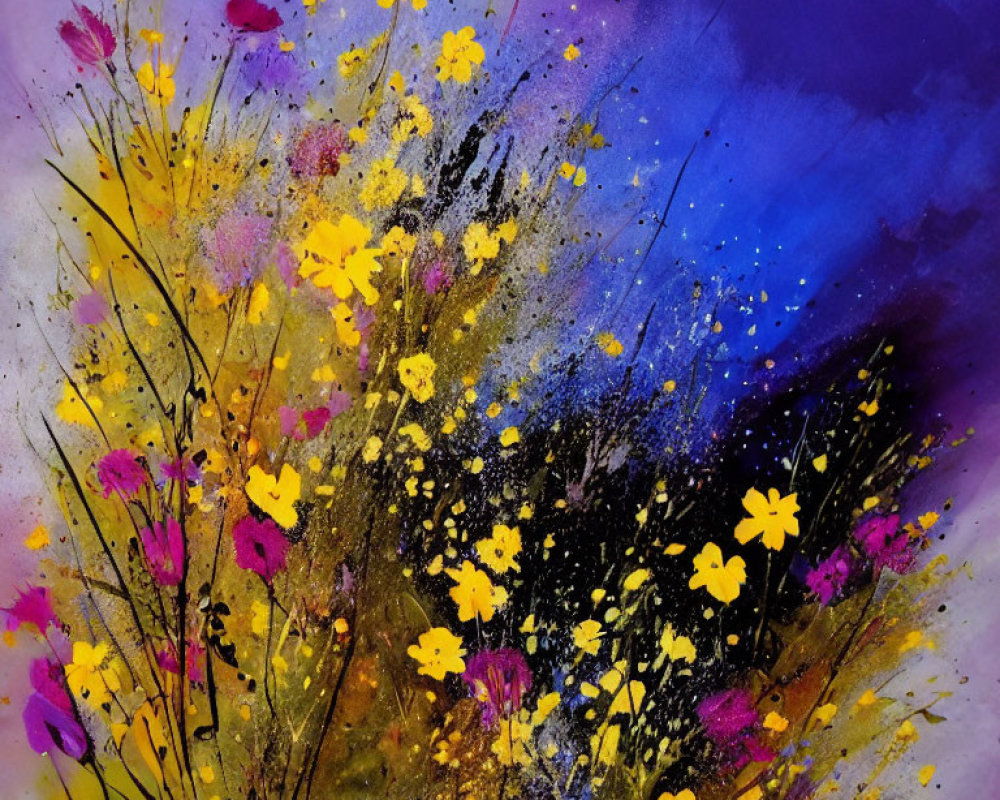Colorful Abstract Painting with Yellow and Pink Flowers on Dark Blue and Purple Background