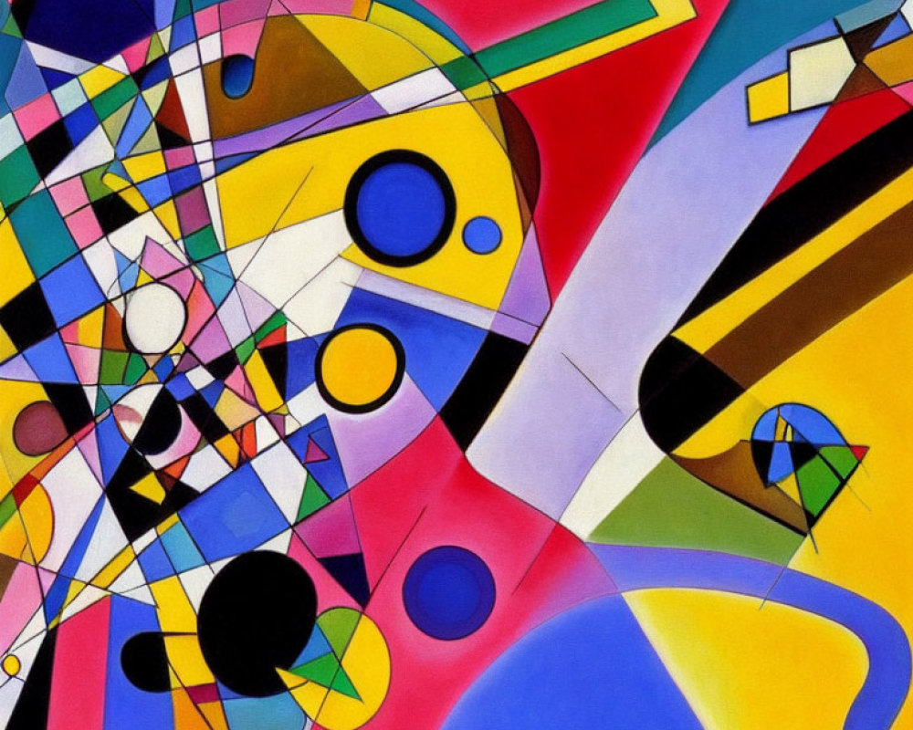Abstract painting with vibrant geometric shapes in bright colors