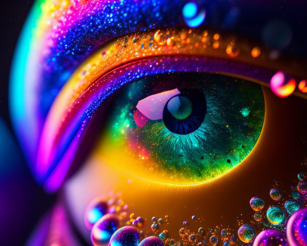 Colorful eye with vibrant rainbow eyelid and water droplet reflections
