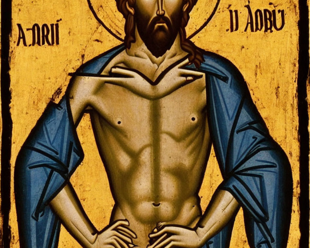 Eastern Orthodox Style Icon with Figure in Blue Robe and Halo