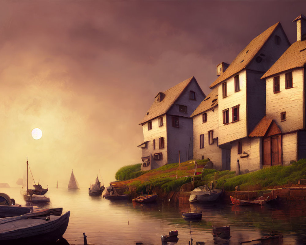 Historic European Houses by Misty Waterfront at Sunset