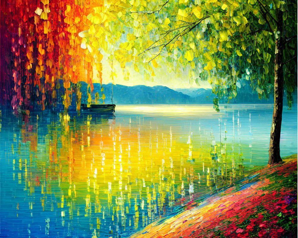 Colorful Impressionistic Lakeside Painting with Boat