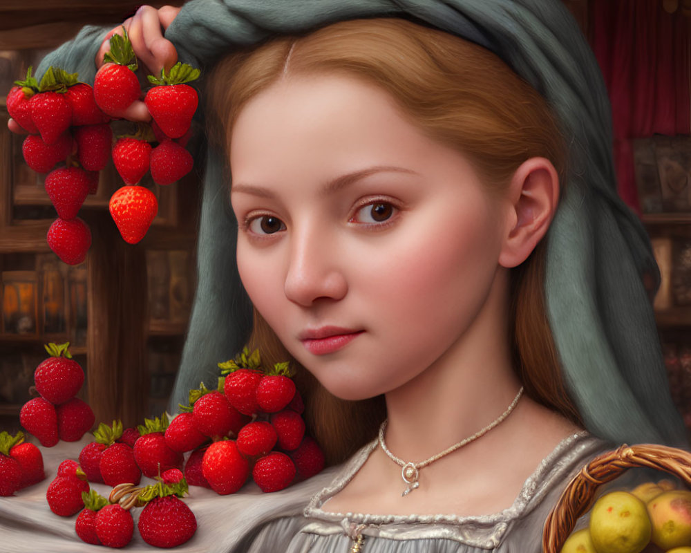 Young girl in blue headscarf holding strawberries and apples, classical painting style