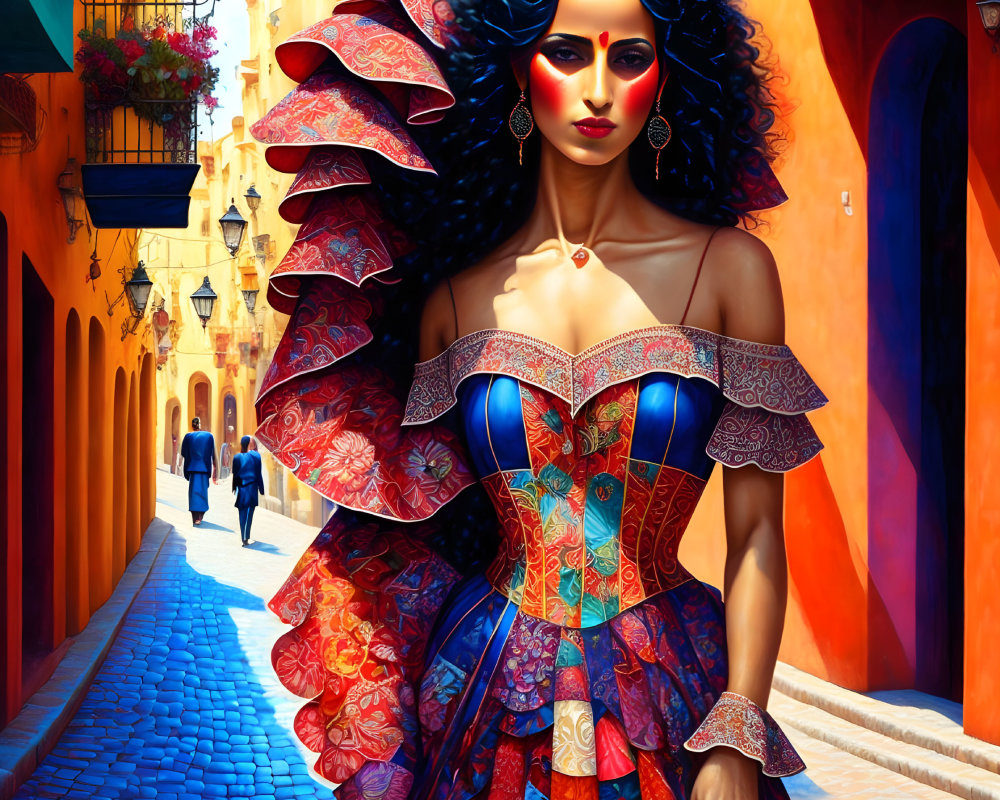 Colorful digital artwork of woman in vibrant dress in Mediterranean alleyway