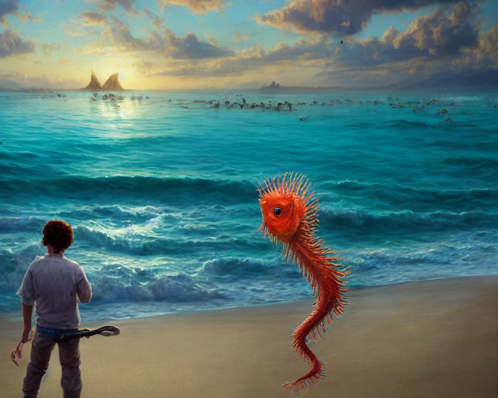 Boy on Beach at Sunset Observes Red Surreal Creature with Eye