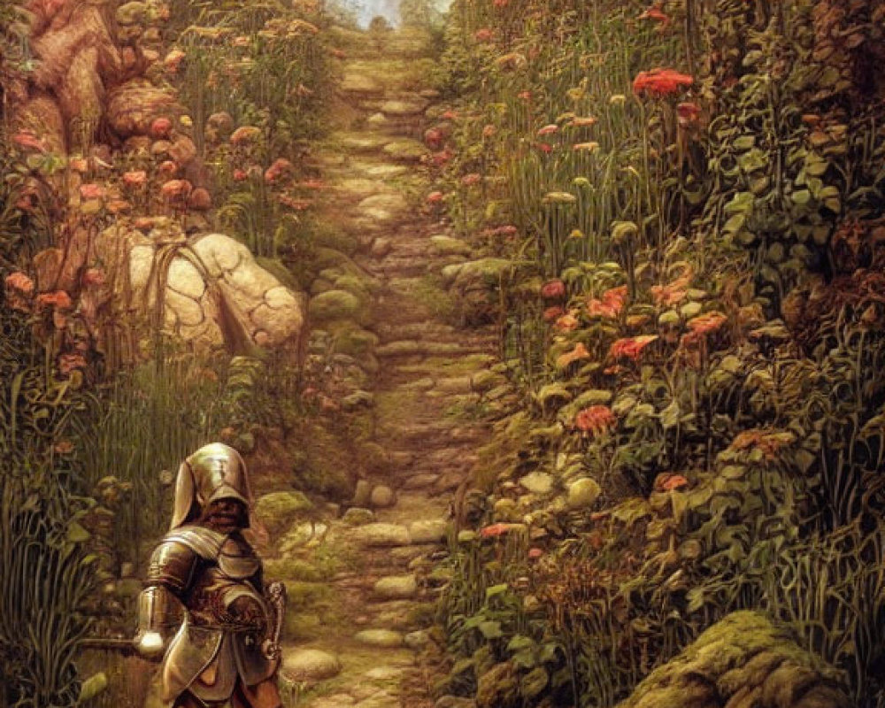 Knight in Full Armor Walking Through Enchanting Forest