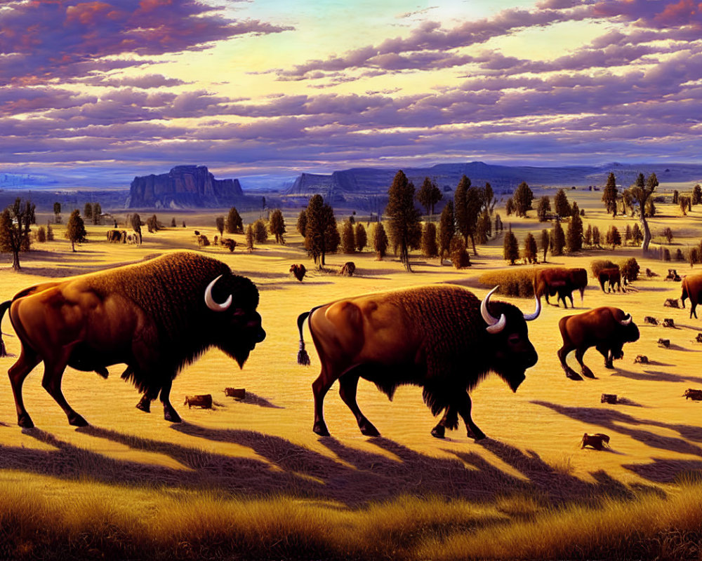 Herd of Bison Grazing in Vast Plain at Sunrise or Sunset