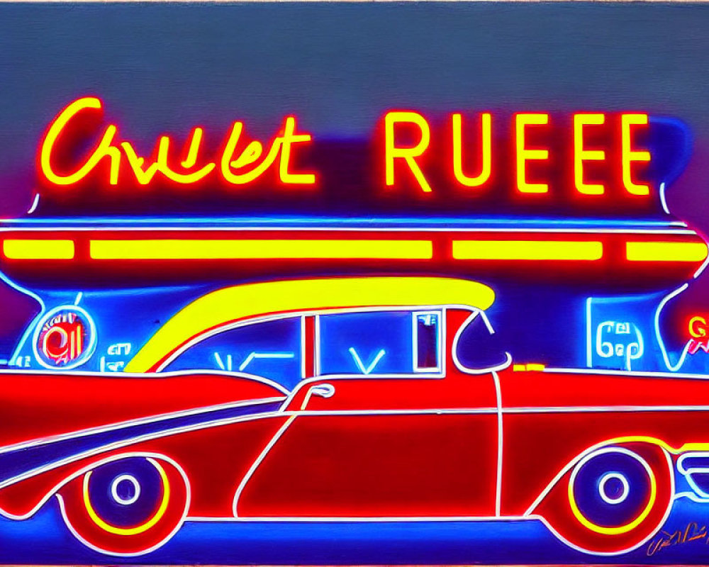 Neon-style painting of classic car with vintage Americana signage.