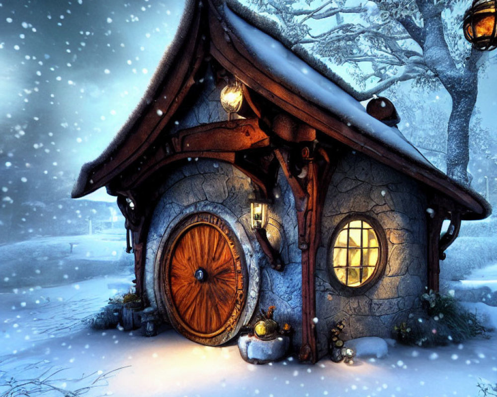 Snowy Landscape: Cozy Cottage with Round Door and Glowing Windows