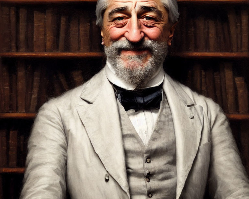 Elderly gentleman in bow tie and vest against bookshelves