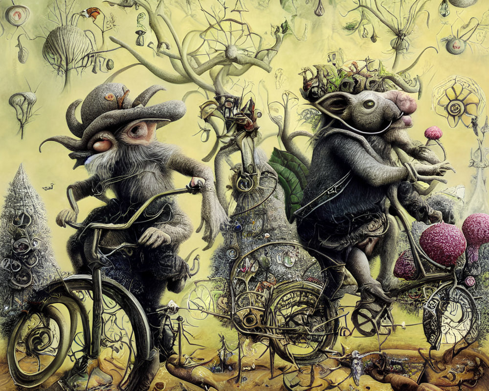 Surreal anthropomorphic creatures on bicycle and car in whimsical setting