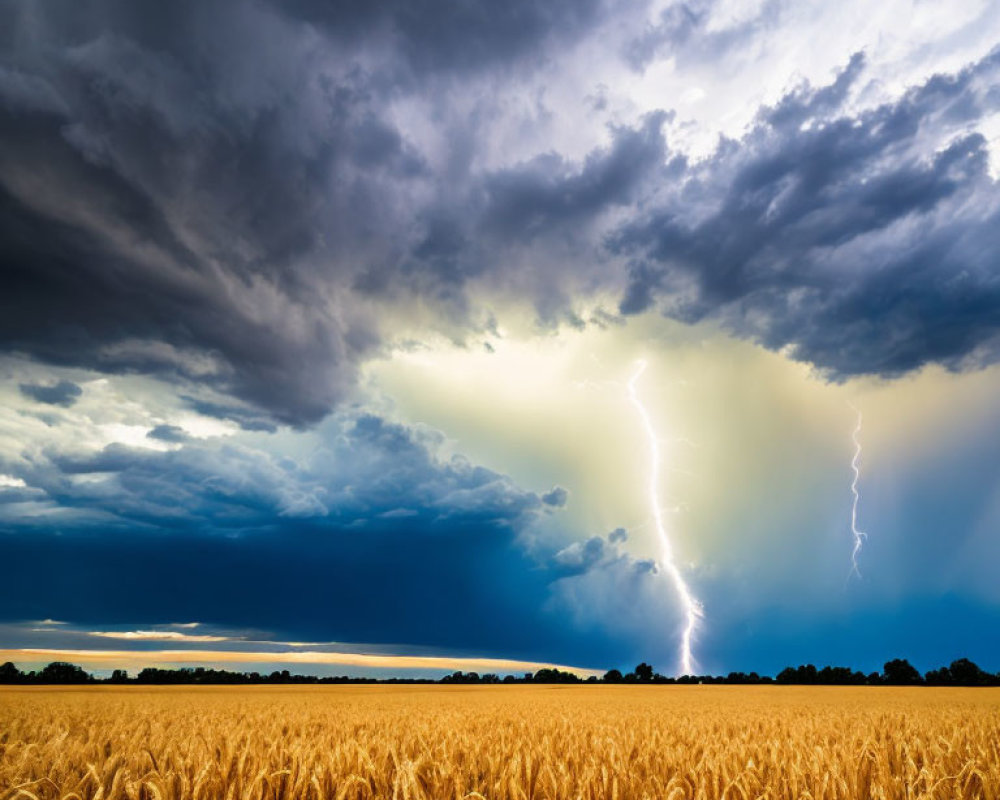 Dramatic stormy sky with lightning over golden wheat field