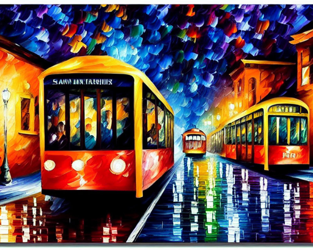 Colorful painting of red streetcars on wet streets at night with illuminated buildings