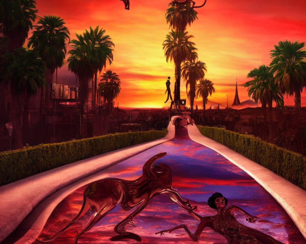 Vibrant sunset scene with palm trees, person, bird, and fantastical creatures