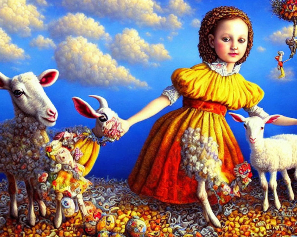 Surrealist painting featuring young girl, lambs, flowers, and floating figures