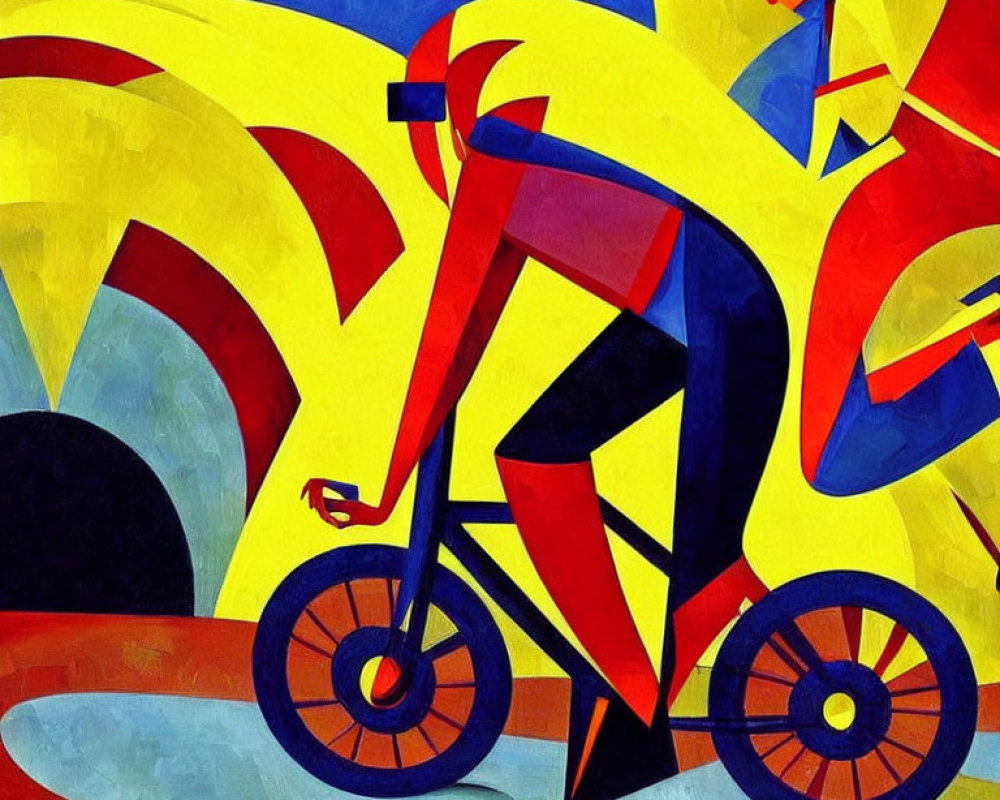 Vibrant Cubist Painting of Figure on Bicycle in Red, Yellow, and Blue