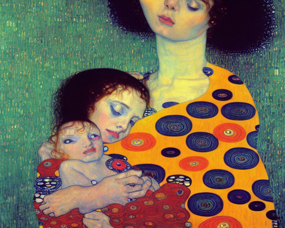 Woman in Patterned Dress Holding Two Children Against Green Backdrop