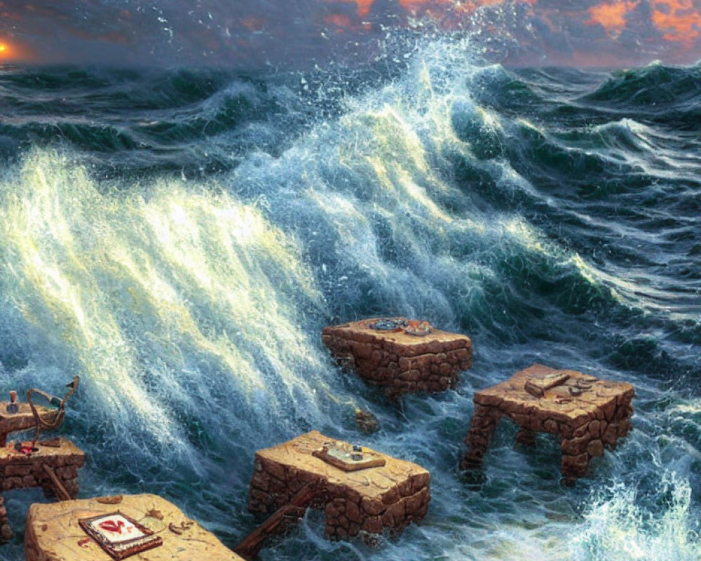 Stormy Sea Chess Pieces on Rock Platforms Sunset Sky